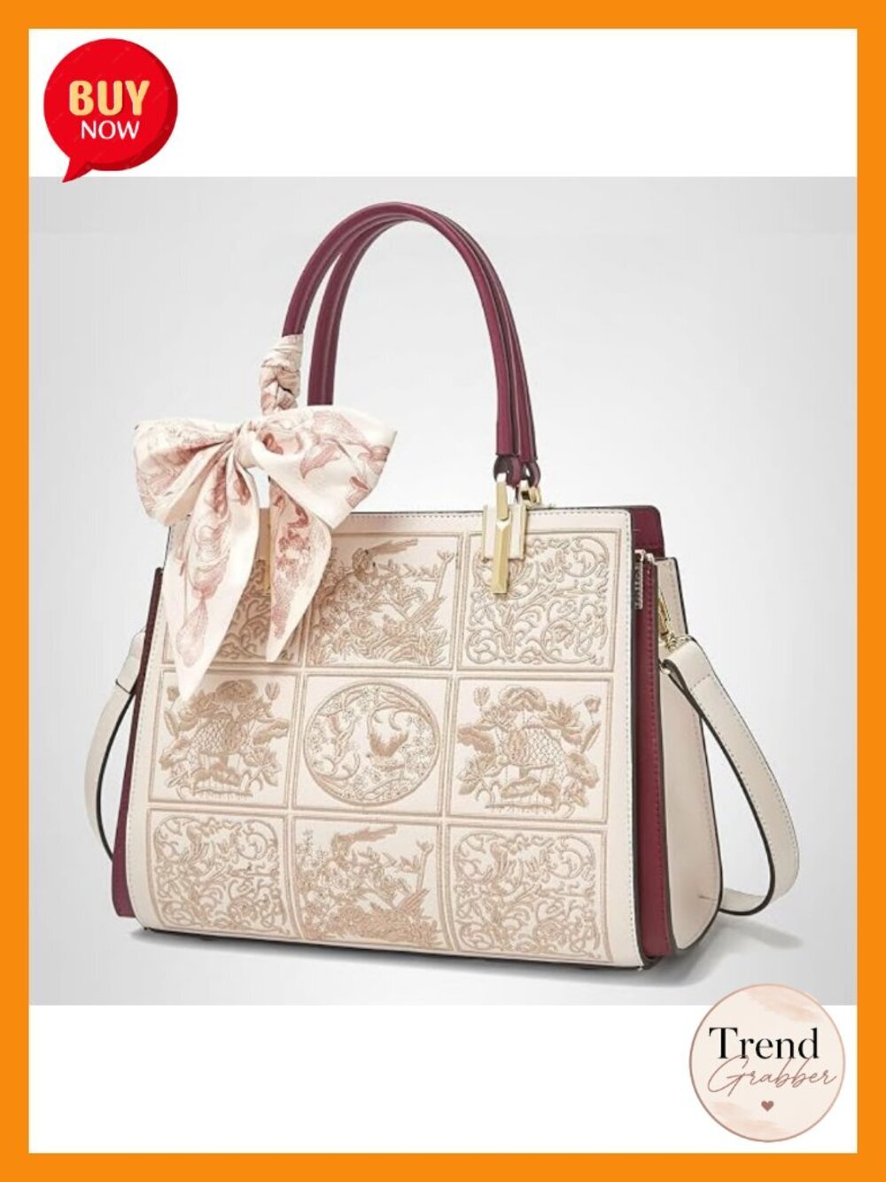 Vintage Embroidery Tote Satchel Handbag with Genuine Leather Shoulder Bag
